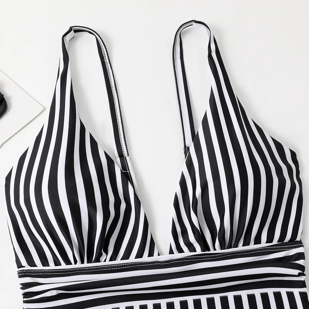 Vintage Striped V-Neck One Piece Swimsuit