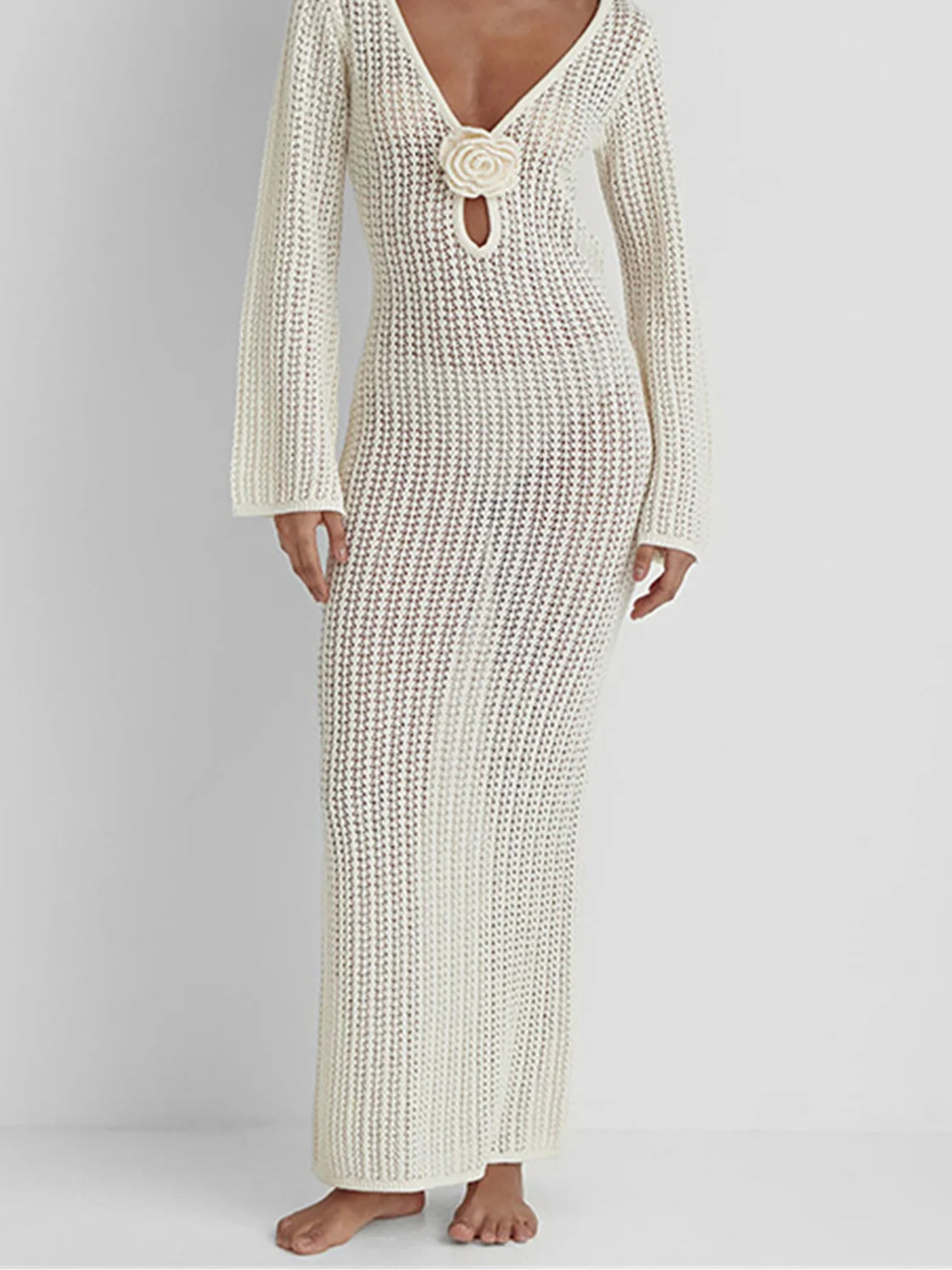 V Neck Crochet Tunic Beach Cover Up Dress