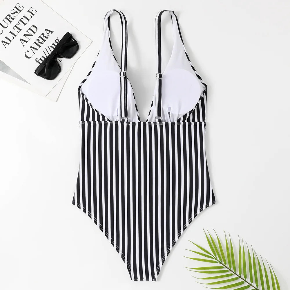 Vintage Striped V-Neck One Piece Swimsuit