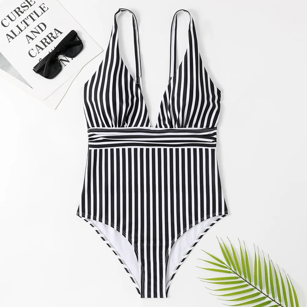 Vintage Striped V-Neck One Piece Swimsuit