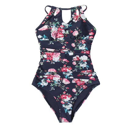 Green Floral Cutout Halter One-Piece Swimsuit