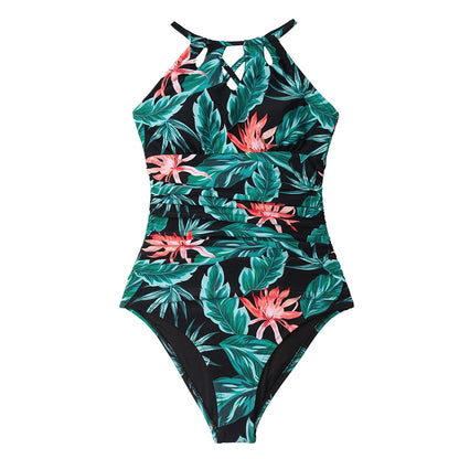 Green Floral Cutout Halter One-Piece Swimsuit