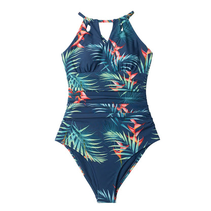 Green Floral Cutout Halter One-Piece Swimsuit