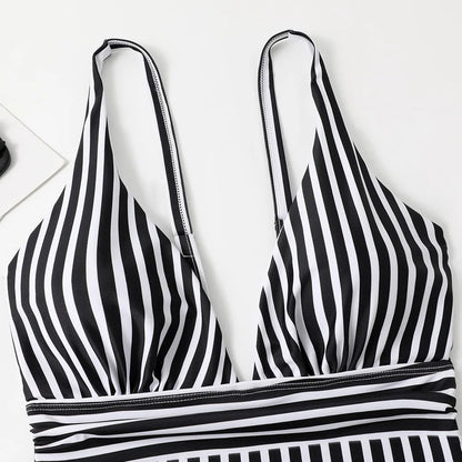 Vintage Striped V-Neck One Piece Swimsuit
