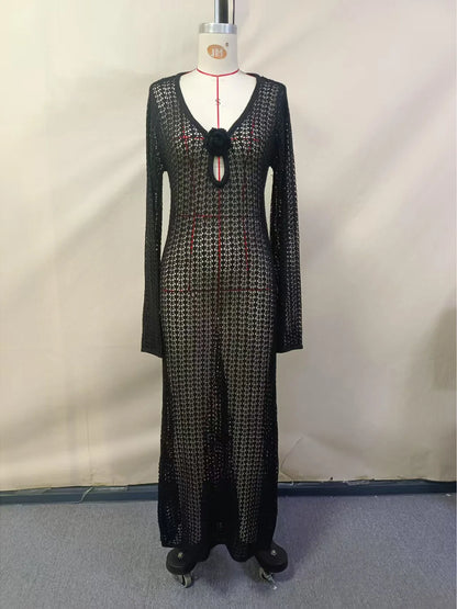 V Neck Crochet Tunic Beach Cover Up Dress