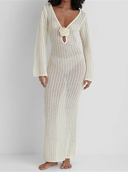 V Neck Crochet Tunic Beach Cover Up Dress