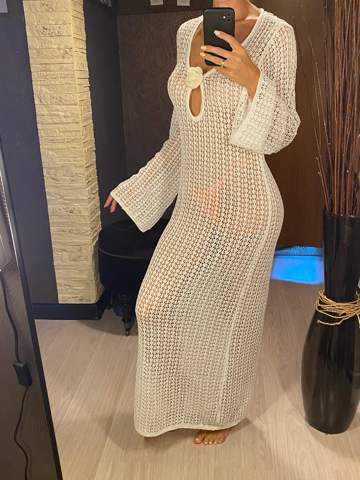 V Neck Crochet Tunic Beach Cover Up Dress