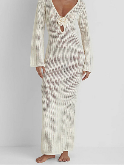 V Neck Crochet Tunic Beach Cover Up Dress