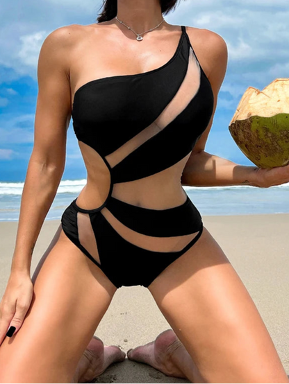Black One Piece Mesh Swimwear