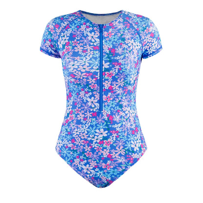 Ditsy Zipper Short Sleeve One-Piece Swimsuit