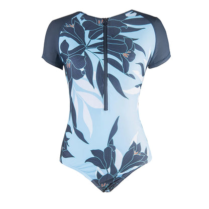 Ditsy Zipper Short Sleeve One-Piece Swimsuit