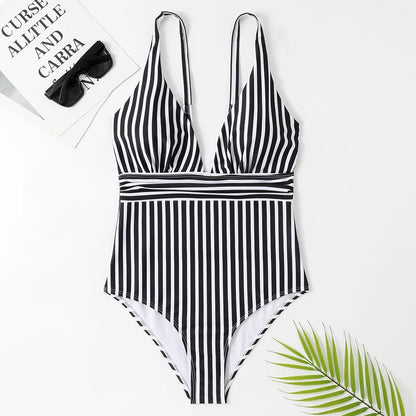 Vintage Striped V-Neck One Piece Swimsuit